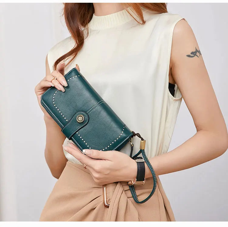 RFID anti-theft brush Retro large capacity long wallet Multi-card women's wallet Multi-function zipper wallet with wrist strap