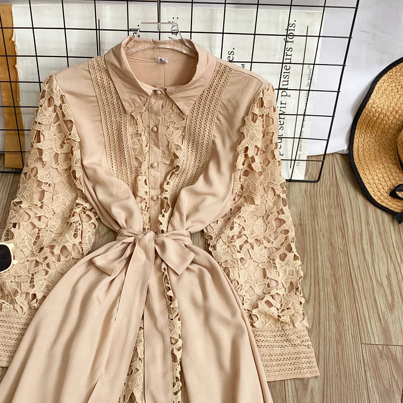Women's Vintage Lace Bell Sleeve Dress — Waist-Cinching Belt A-Line Gown
