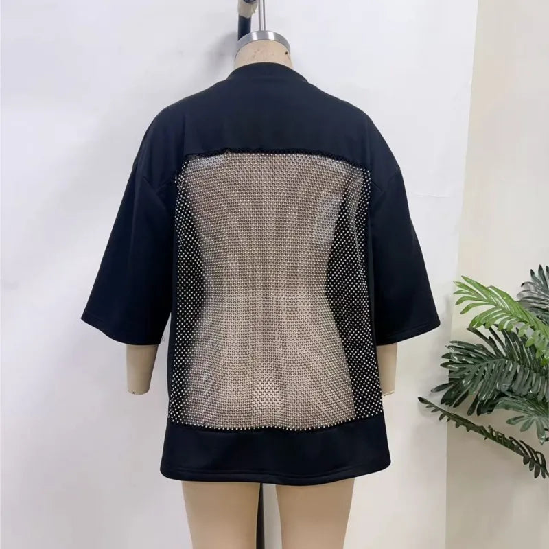 Women's Lace Bead Splicing T-Shirt – Loose O-Neck Half-Sleeve Top