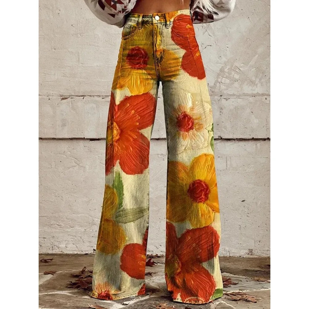 Women's Boho Floral High Waist Wide Leg Pants — Vintage Y2K Loose Trousers