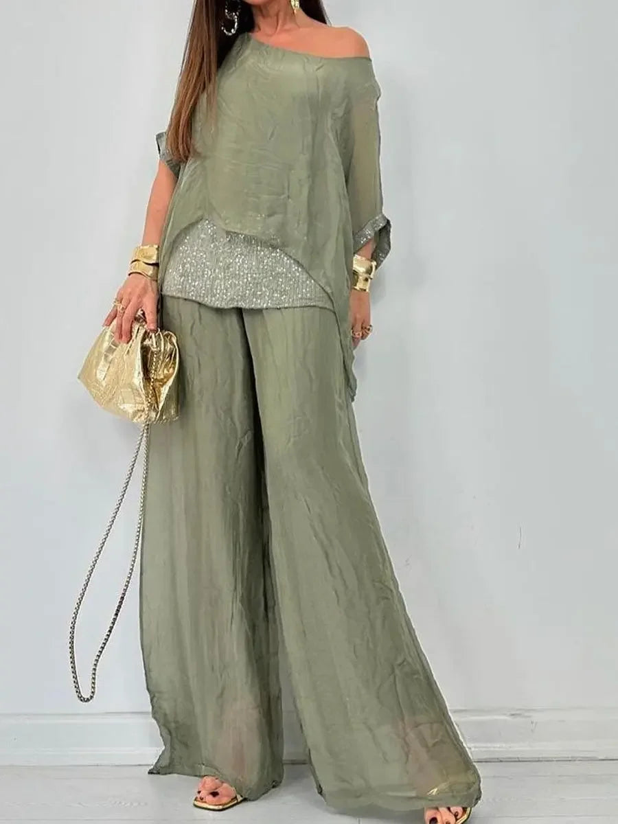 Women's Summer Chiffon Sequin Patchwork Casual Set — Batwing Sleeve Top & Wide Leg Pants
