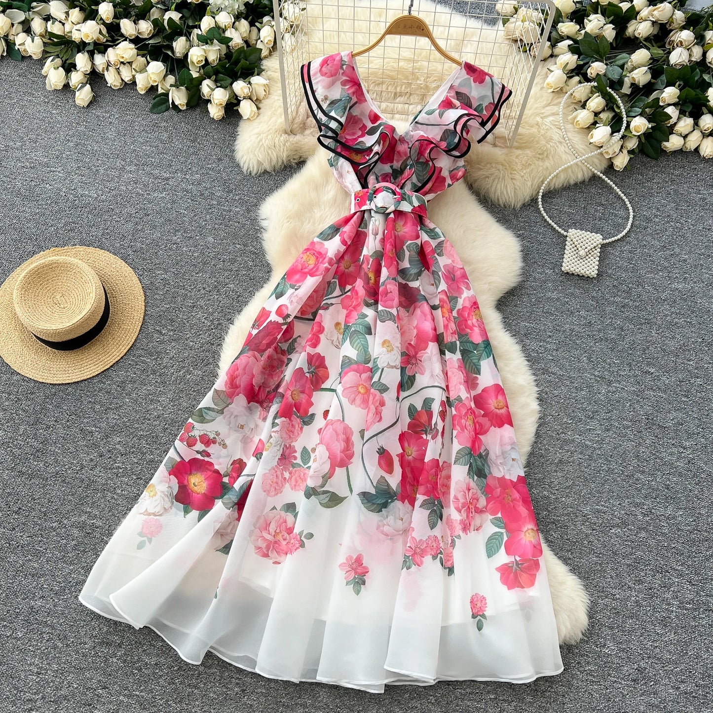 Women's French Elegant Sleeveless V-Neck Printed Dress — Ruffled A-Line Beach Boho