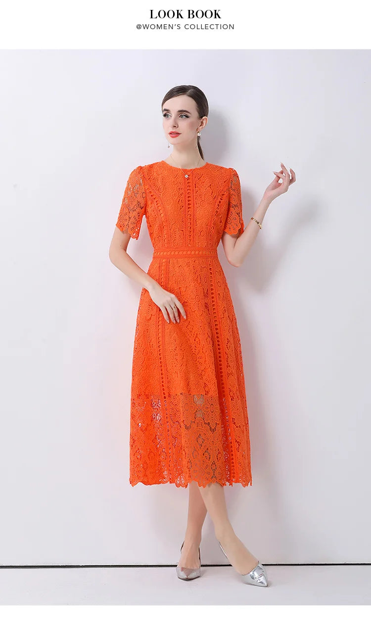 Women's Vintage High-End Lace Hollow-Out Long Dress — Slim Elegant Summer Gown