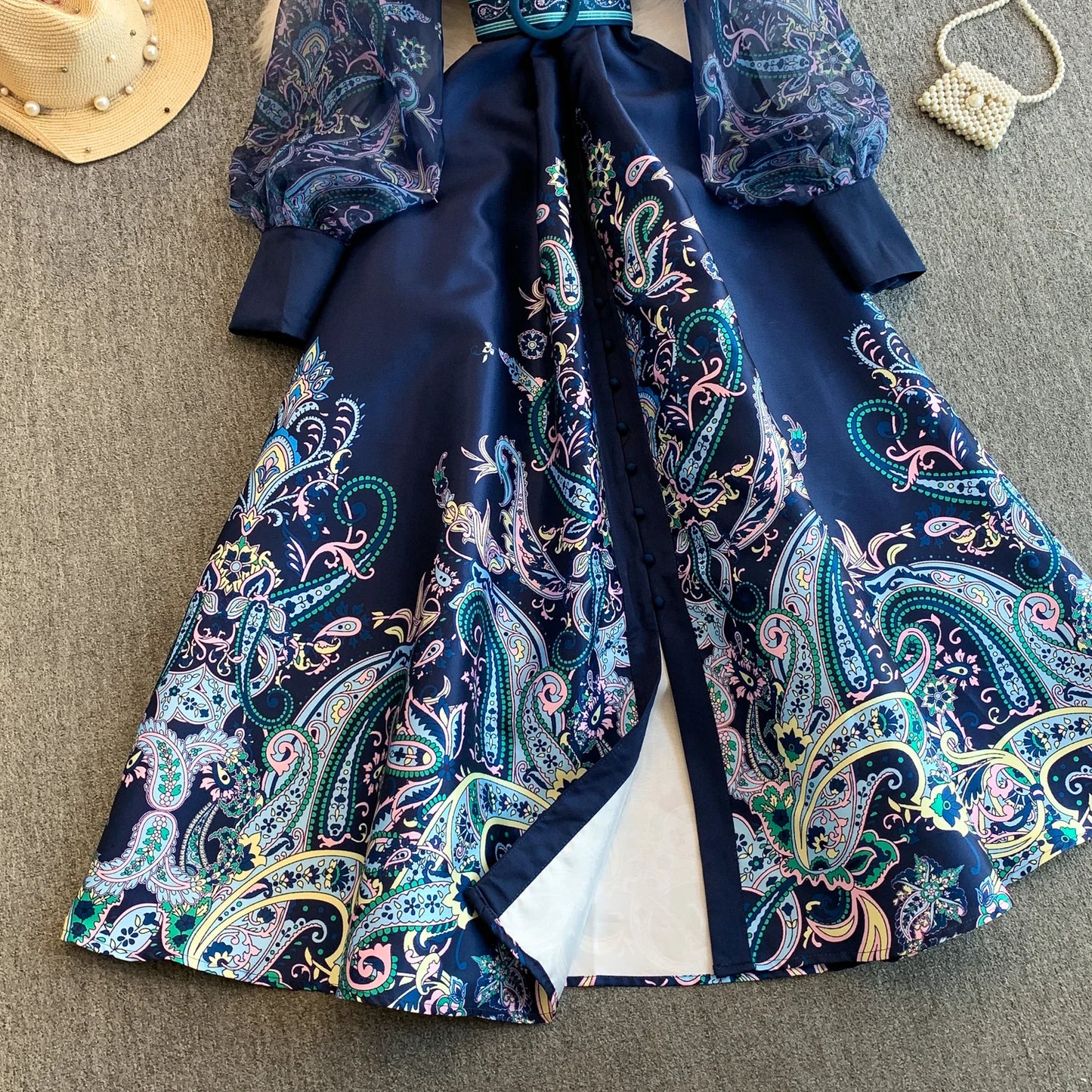 Elegant European Court Style Vintage Mesh Splice Print Lantern Sleeve Long Dress Women's Waist Cinching Slimming Maxi Gown