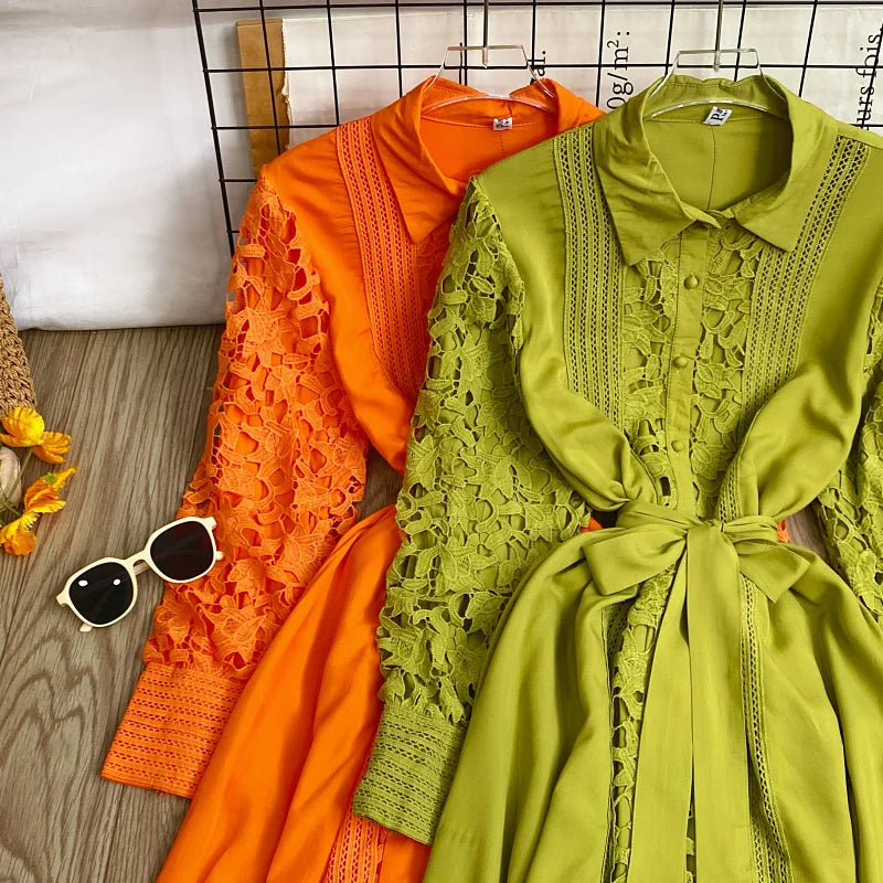 Women's Vintage Lace Bell Sleeve Dress — Waist-Cinching Belt A-Line Gown