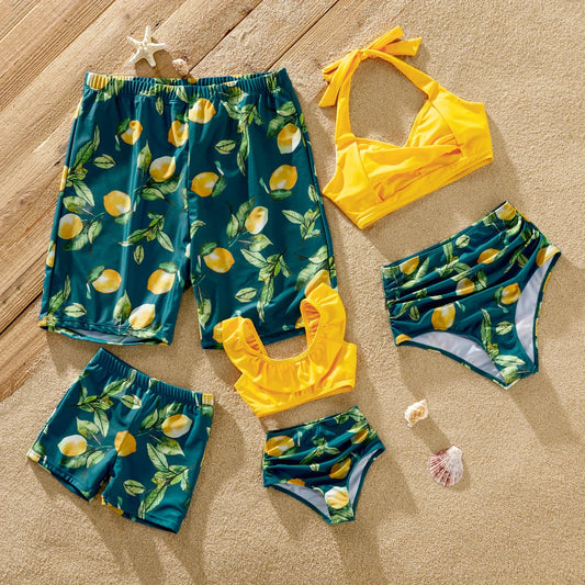 Family Matching Lemon Print Halter Swimsuit Set — Two-Piece & Swim Trunks
