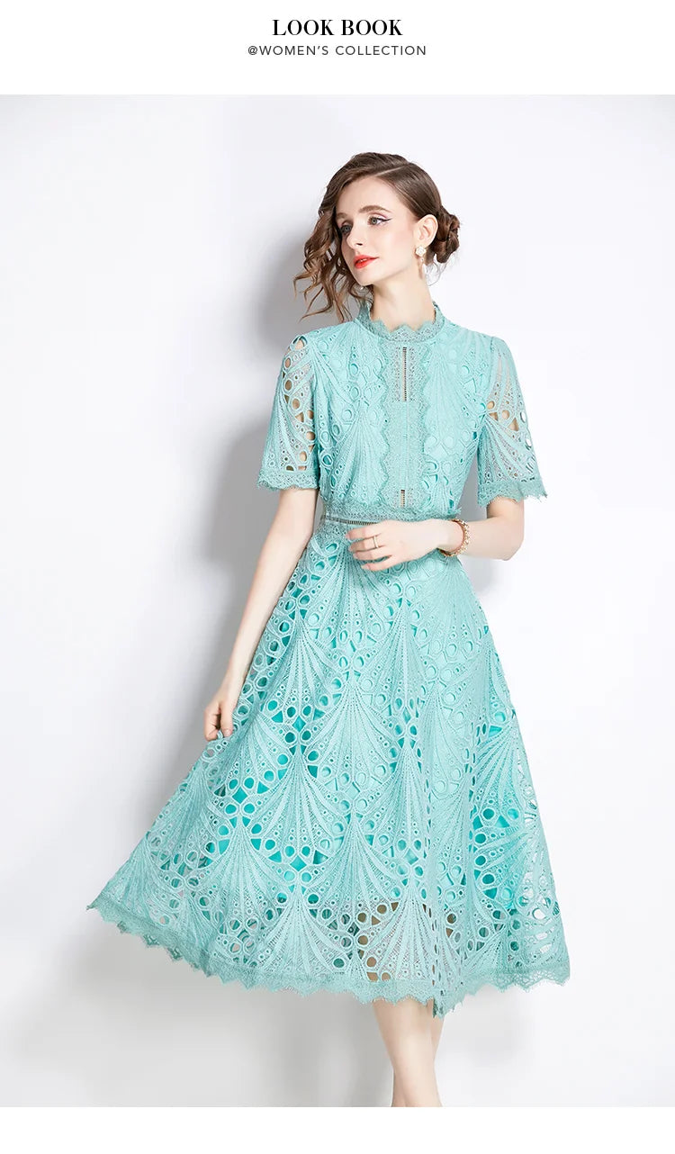 Women's Vintage High-End Lace Hollow-Out Long Dress — Slim Elegant Summer Gown