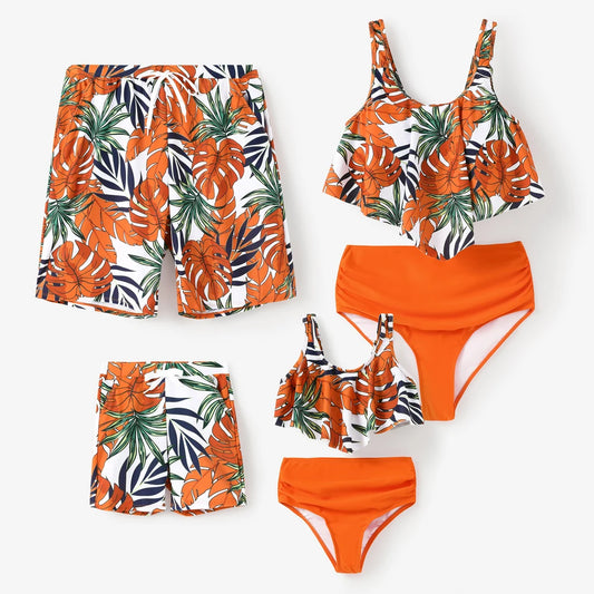 Family Matching Tropical Plant Print Two-Piece Swimsuit & Swim Trunks