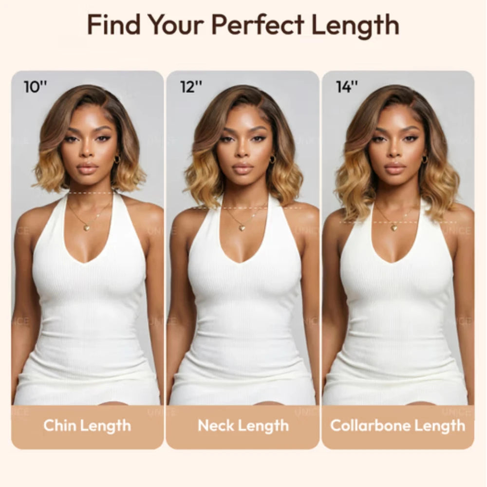 UNice 7x5 & 13x4 Lace Bye-Bye Slip™ Braun mit honigblonden Strähnen für das Gesicht, gewellte Bob-Perücke, 100 % Echthaar, kleberlose Perücke