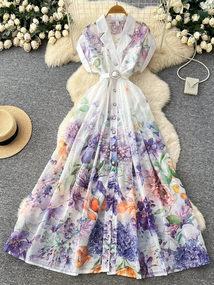 Women's French Countryside Chiffon Printed Dress — Raglan Sleeve A-Line