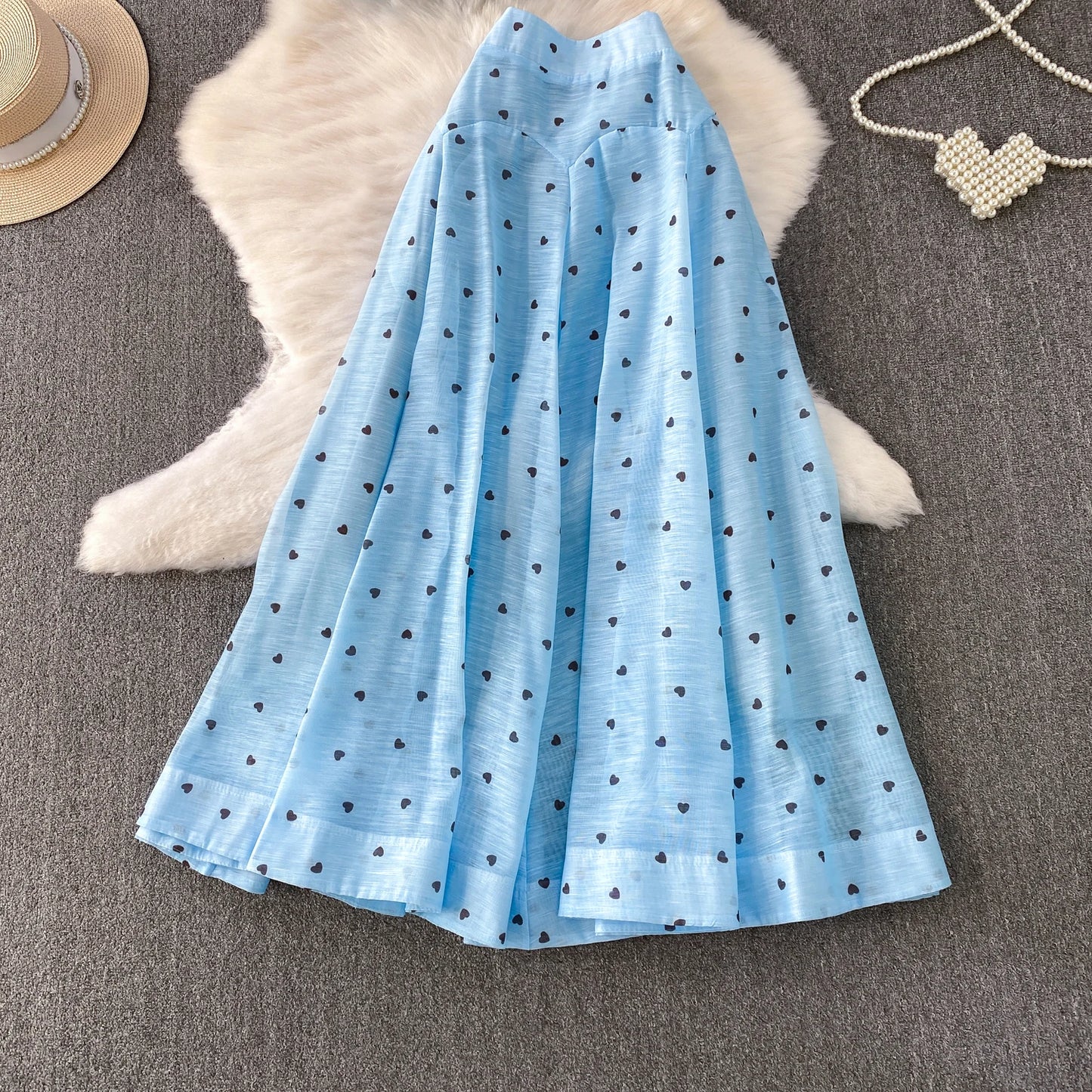 Women's French Style Sweet Chiffon Two-Piece Set — Heart Print Shirt & Flared Skirt