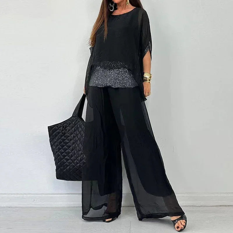 Women's Summer Chiffon Sequin Patchwork Casual Set — Batwing Sleeve Top & Wide Leg Pants