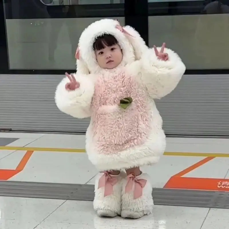 Cartoon Children Plush Rabbit Cosplay Costume Kawaii Kids Winter Warm Sets Top Pants Hat Suit Girl Halloween Party Outfits Gift
