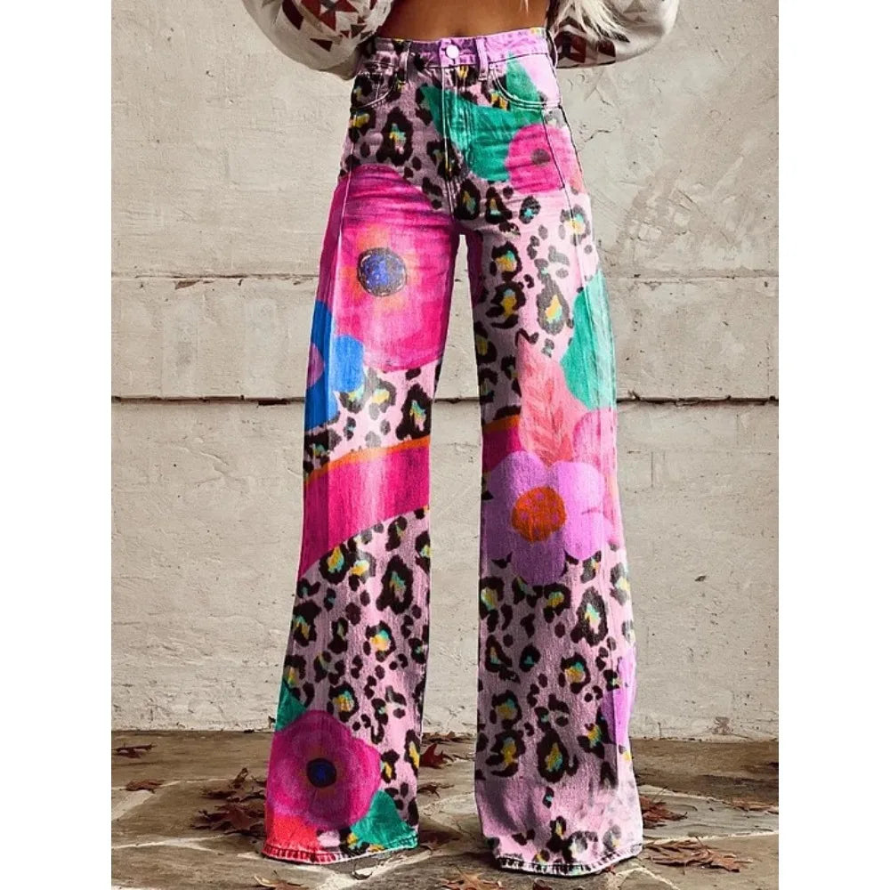 Women's Boho Floral High Waist Wide Leg Pants — Vintage Y2K Loose Trousers