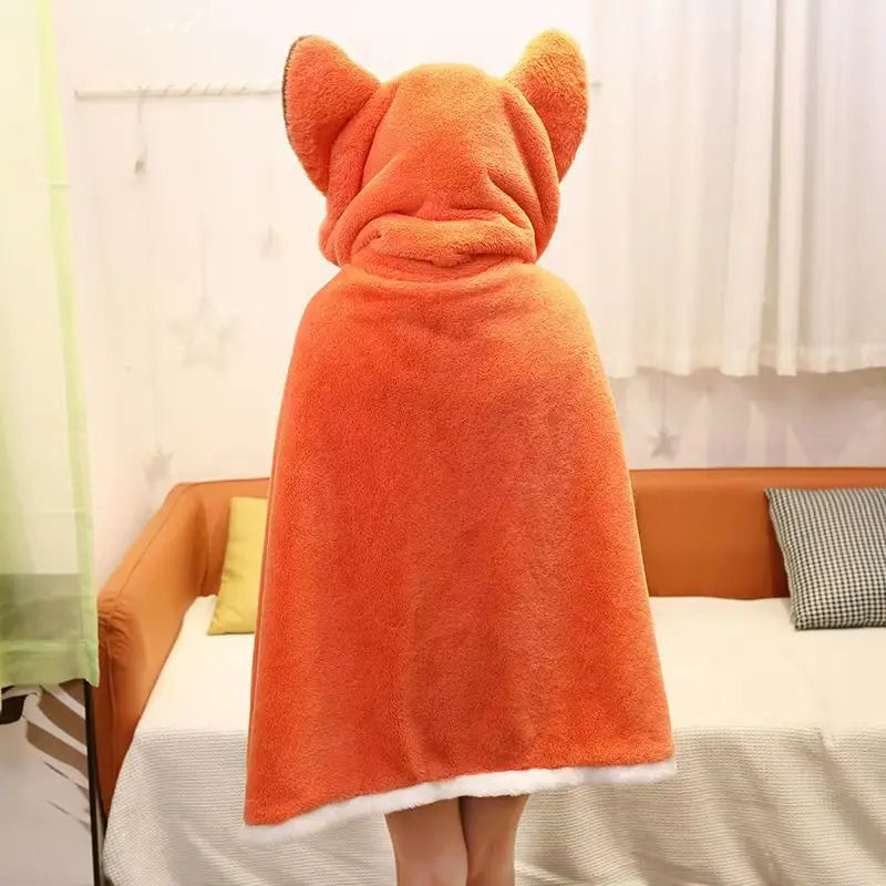 Winter Cartoon Fox Wearable Blanket Cloak — Cozy Shawl Nap Blanket