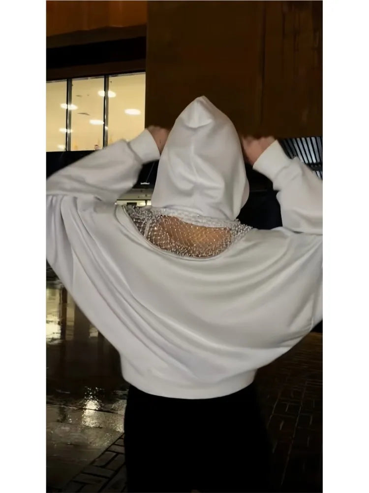 Sexy Perspective Backless Hoodie Woman's Spring Autumn Fashion Lace Patchwork Solid Color Loose Pullover Sweatshirt For Ladies