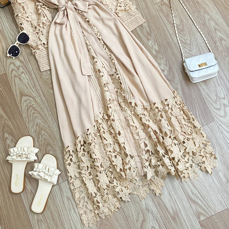 Women's Vintage Lace Bell Sleeve Dress — Waist-Cinching Belt A-Line Gown