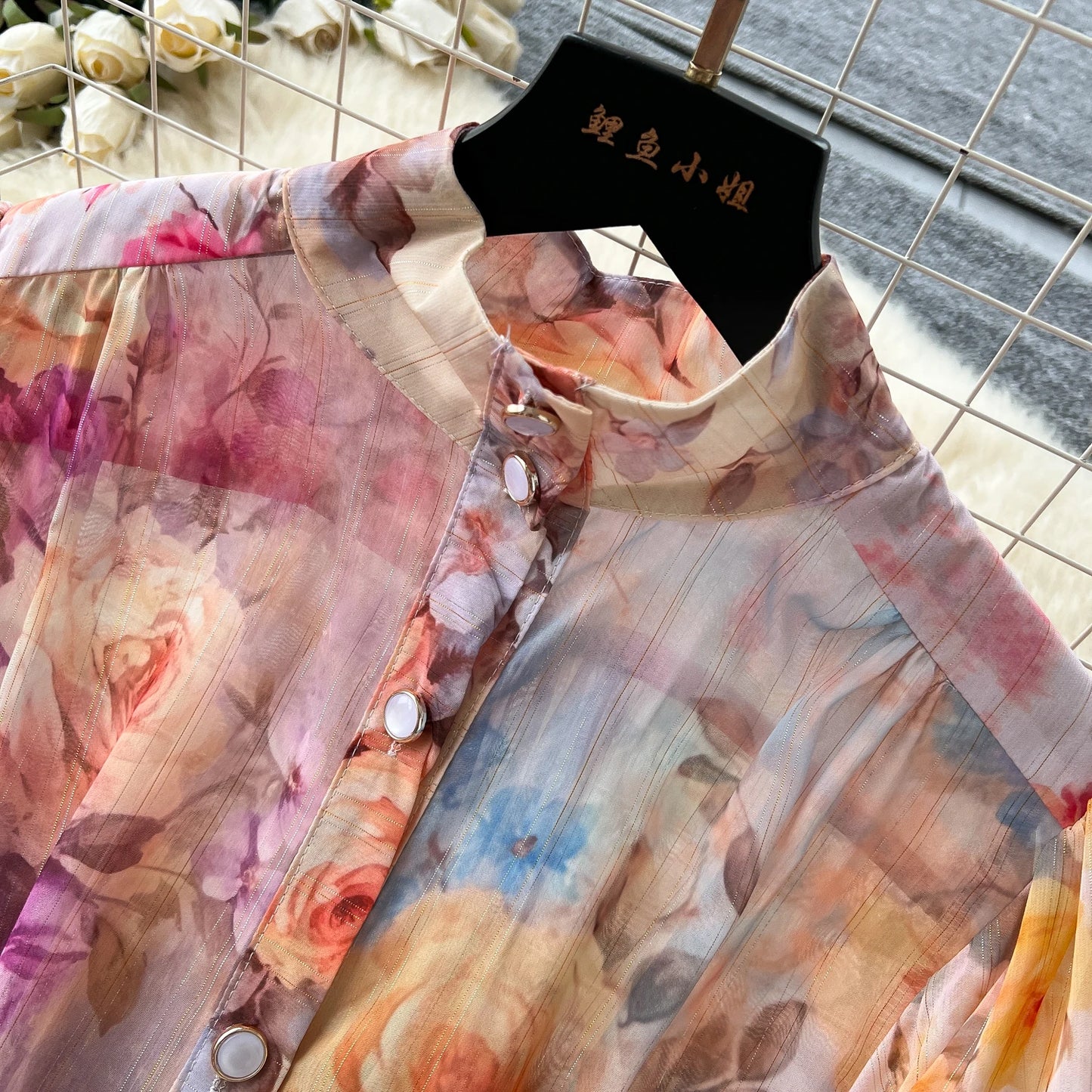 Women's French Vintage Palace Print Dress — Stand Collar Lantern Sleeve A-Line