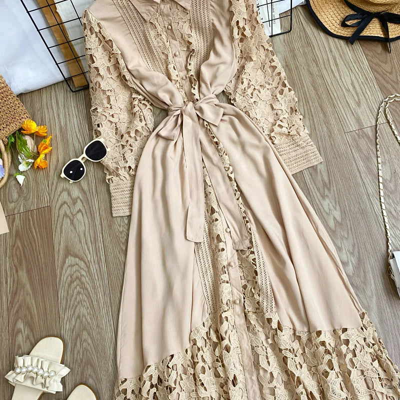 Women's Vintage Lace Bell Sleeve Dress — Waist-Cinching Belt A-Line Gown