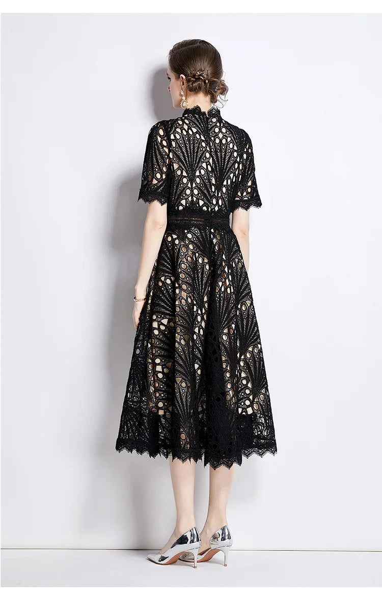 Women's Vintage High-End Lace Hollow-Out Long Dress — Slim Elegant Summer Gown