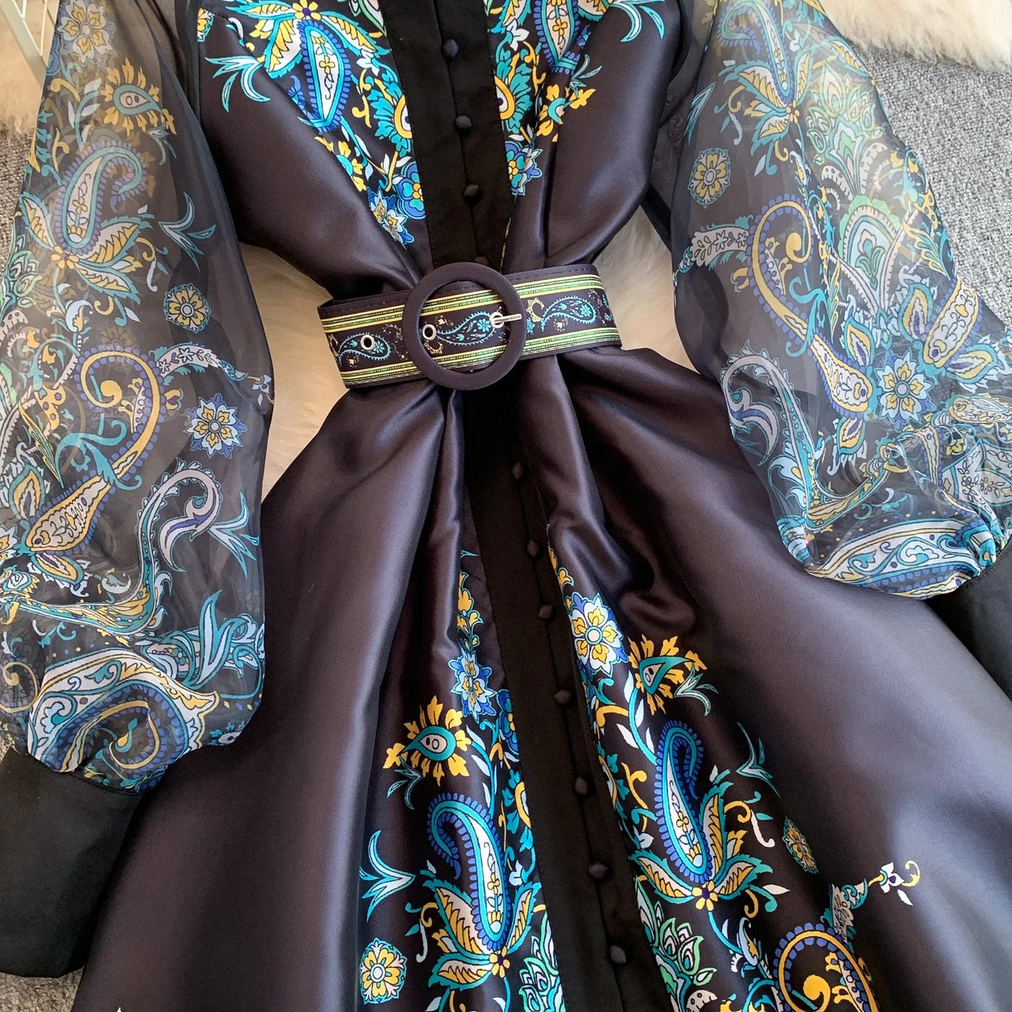Elegant European Court Style Vintage Mesh Splice Print Lantern Sleeve Long Dress Women's Waist Cinching Slimming Maxi Gown
