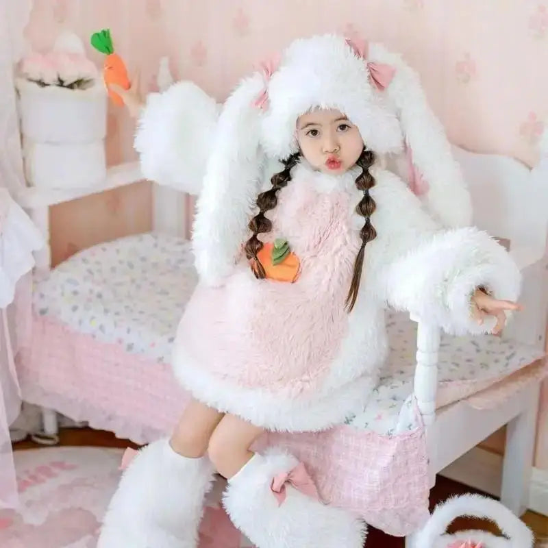 Cartoon Children Plush Rabbit Cosplay Costume Kawaii Kids Winter Warm Sets Top Pants Hat Suit Girl Halloween Party Outfits Gift