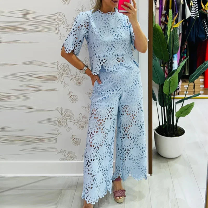 Women's Elegant Lace Embroidery Hollow-Out Two-Piece Set — Short Sleeve Top & Wide-Leg Pants