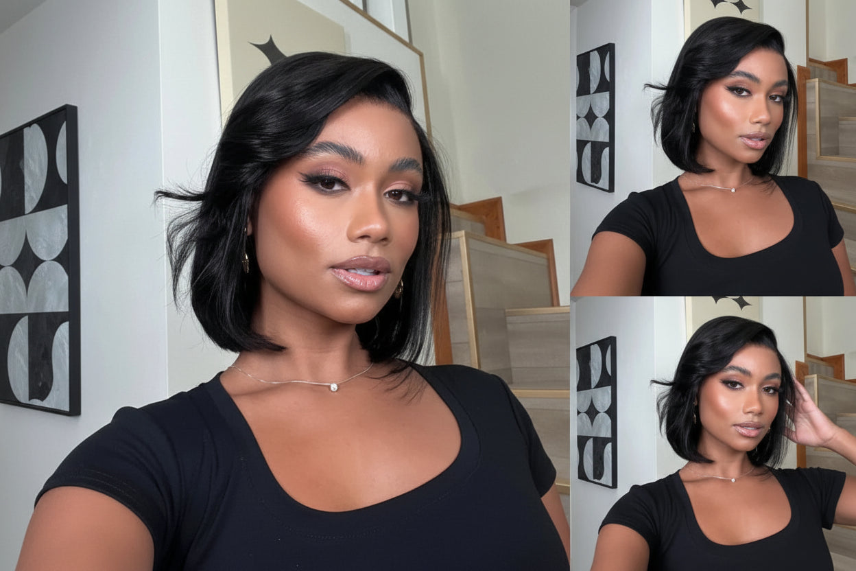 4x4 Lace Closure Bob Wig With Side Swept Bangs 100% Human Hair Glueless Wig Ready To Wear