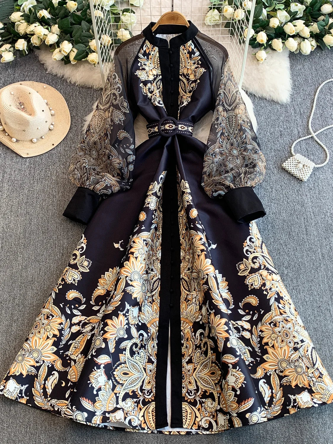 Elegant European Court Style Vintage Mesh Splice Print Lantern Sleeve Long Dress Women's Waist Cinching Slimming Maxi Gown