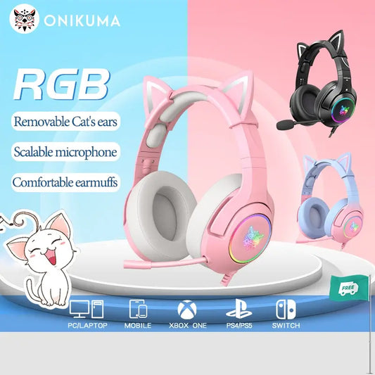 ONIKUMA K9 RGB Gaming Headset with Cat Ears & HD Mic