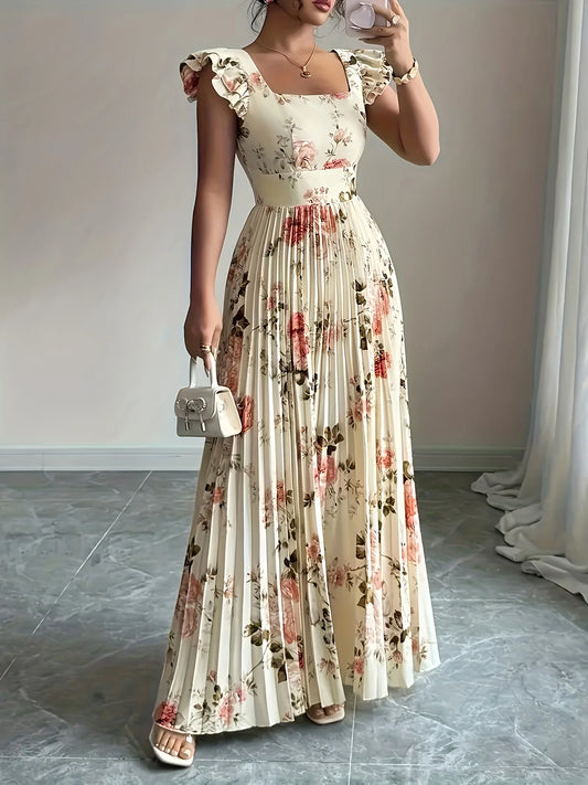 Elegant Floral Pleated Midi Dress — Square Neck Ruffle Sleeveless Party Gown