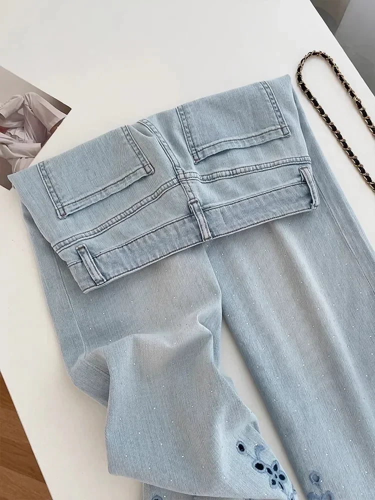 Women's High-Waist Rhinestone Embroidered Straight Jeans — Y2K Luxury Streetwear