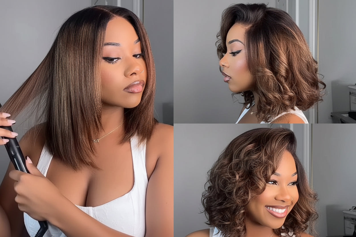 Chestnut Brown Ombre Yaki Straight Bob Wig | 7x5 & 13x4 Glueless Lace | 100% Human Hair