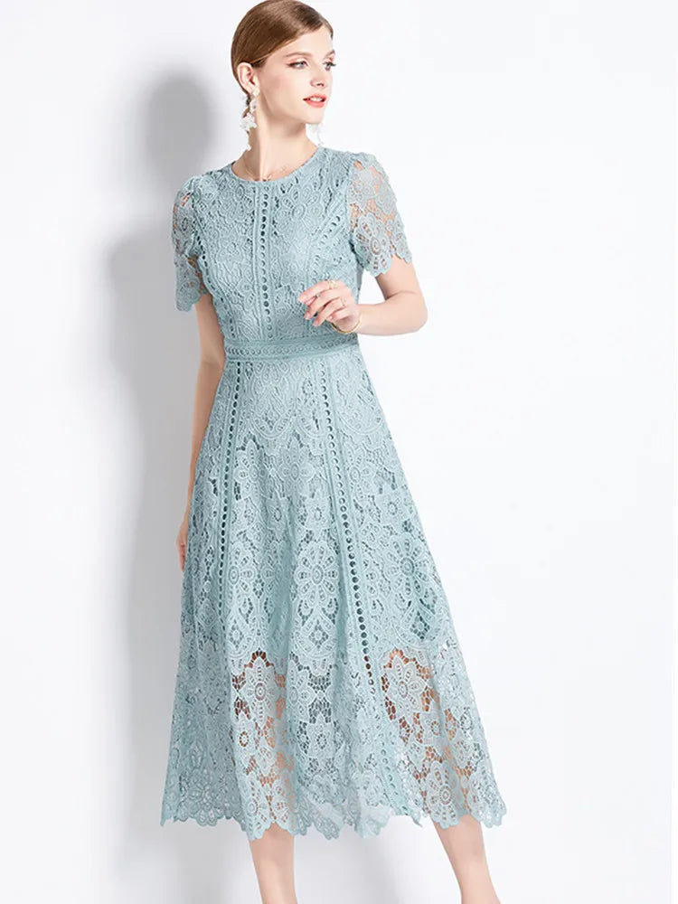 Women's Vintage High-End Lace Hollow-Out Long Dress — Slim Elegant Summer Gown