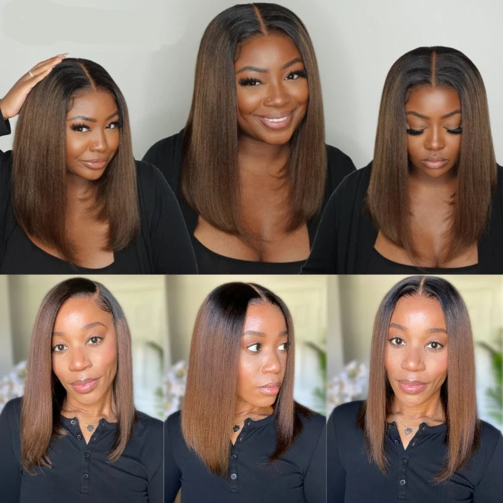 Chestnut Brown Ombre Yaki Straight Bob Wig | 7x5 & 13x4 Glueless Lace | 100% Human Hair