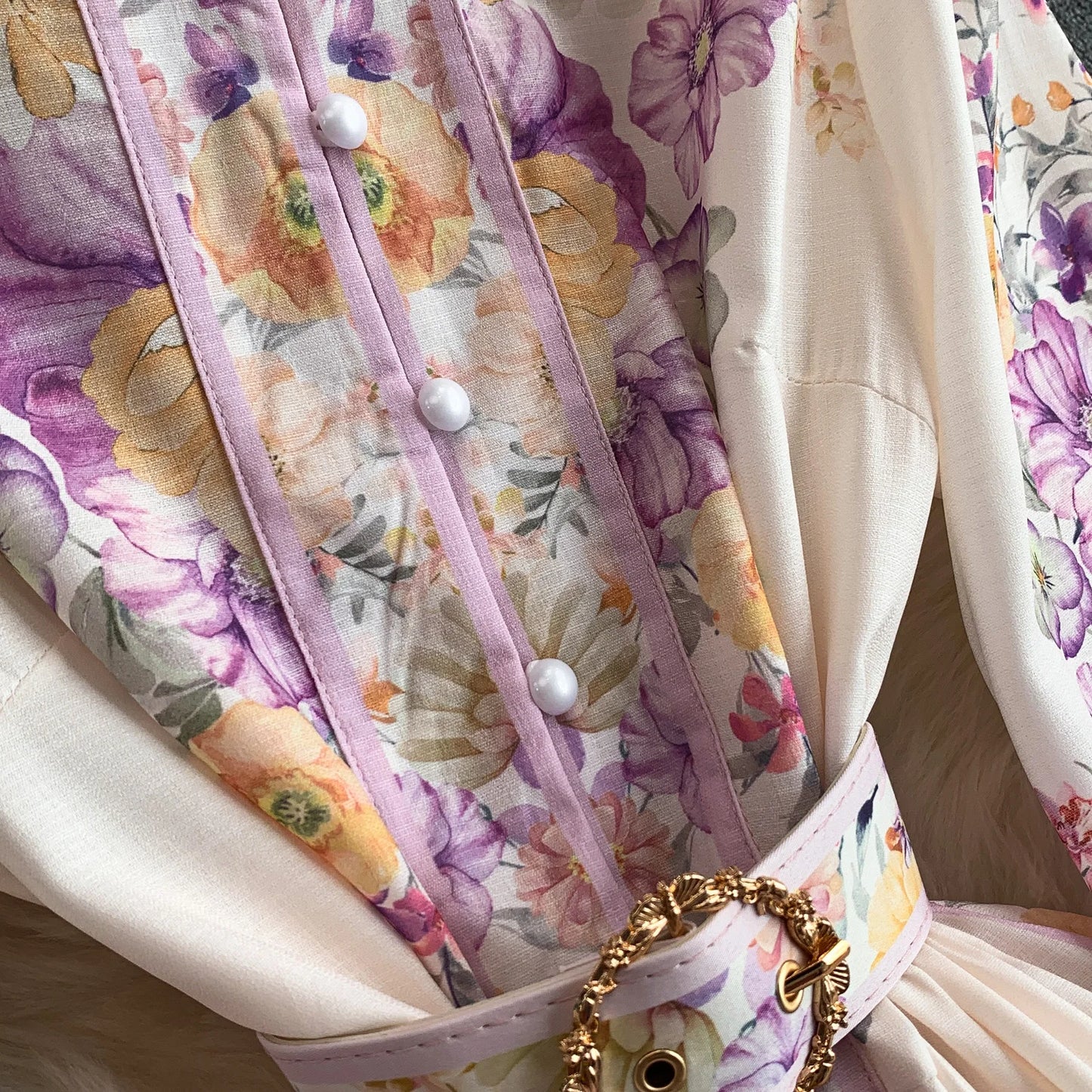 Women's Romantic Print Lantern Sleeve Dress — Belted Split Maxi