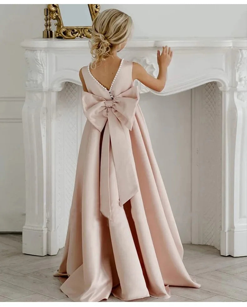 Girls Elegant Dress White Wedding Bridesmaid Prom Gown Big Bow Girls Party Dress Kids First Communion Formal Evening Vestidos