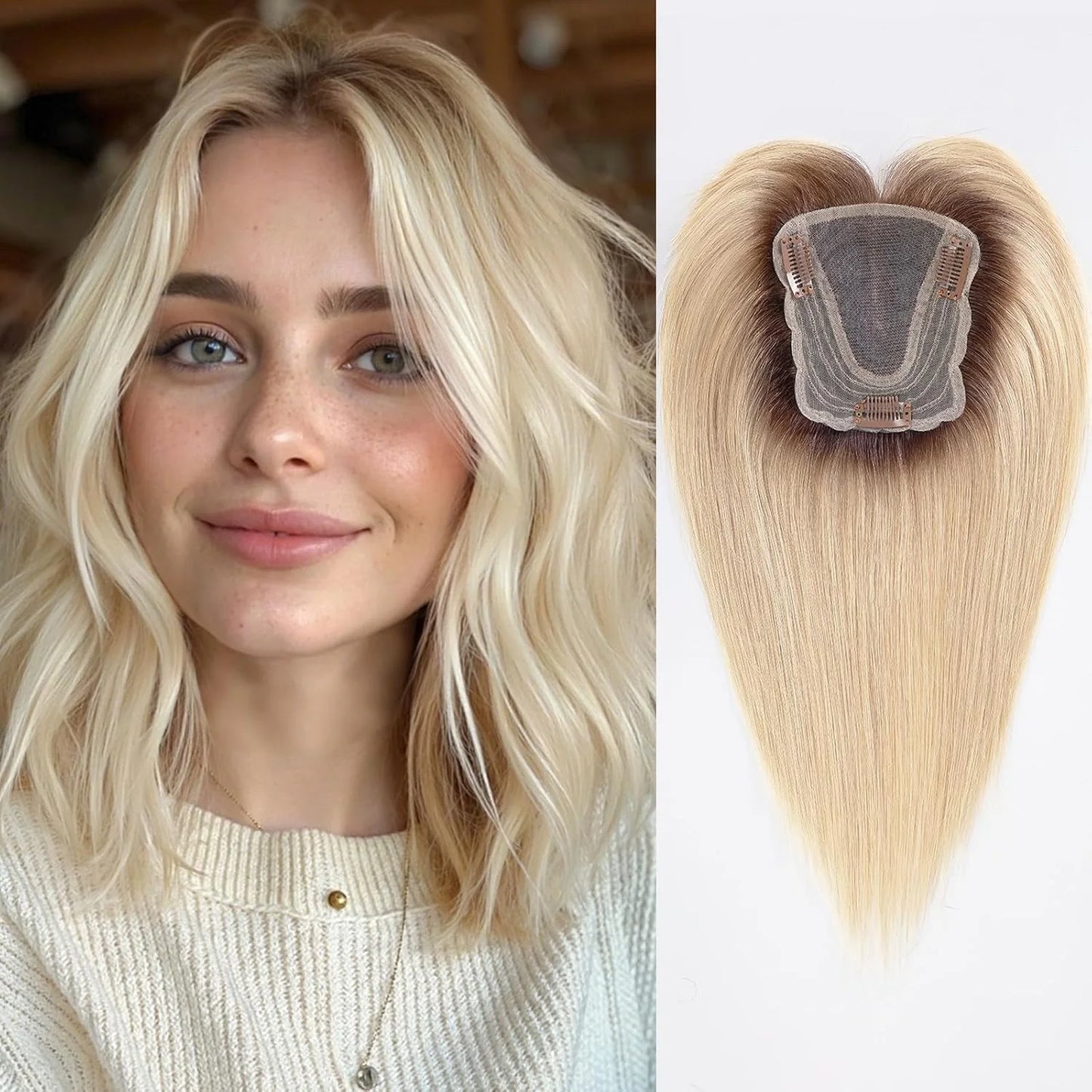 Ombre Blonde Highlight Natural Human Hair Toppers for Women 4.5*5 inch Lace Base Hair Topper Silk Straight Remy Hairpiece