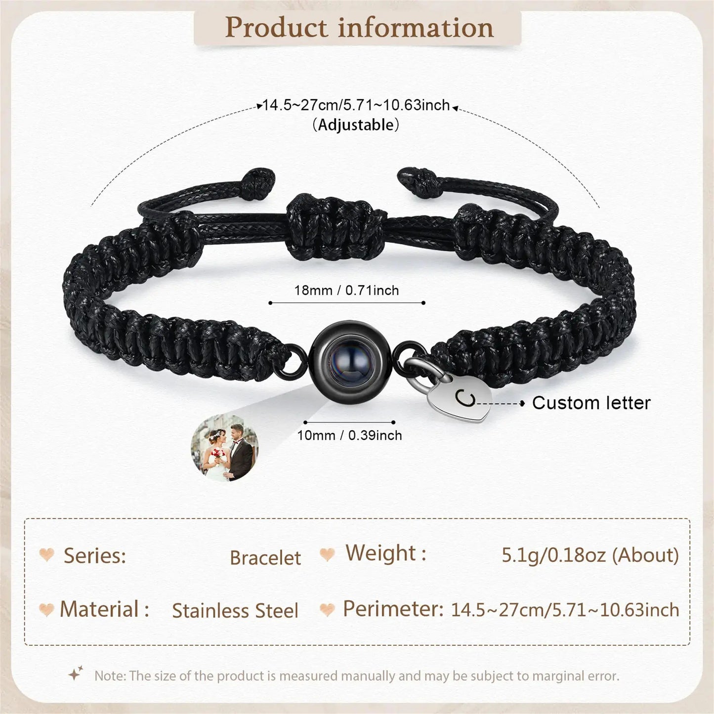 Personalized Photo Projection Bracelet with Custom Letter & Heart Pendant