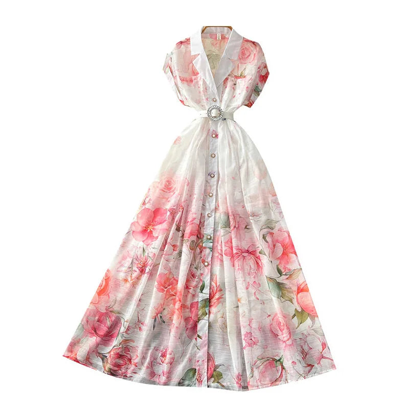 Women's French Countryside Chiffon Printed Dress — Raglan Sleeve A-Line