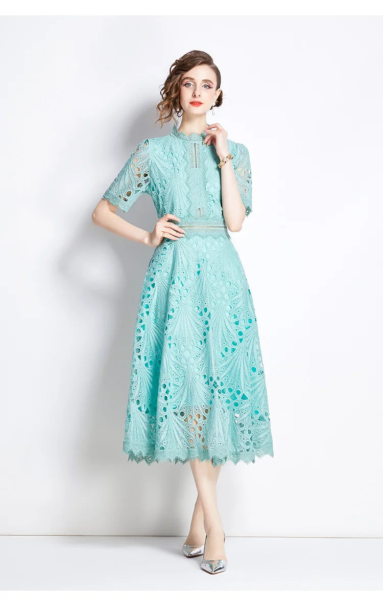 Women's Vintage High-End Lace Hollow-Out Long Dress — Slim Elegant Summer Gown