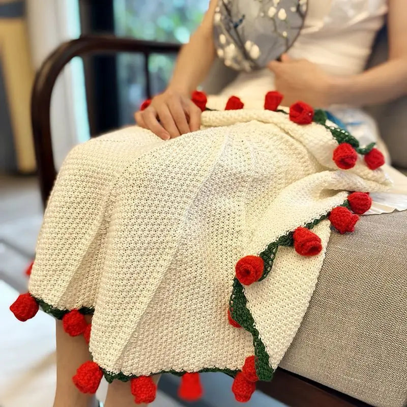 Handmade Crochet Flower Blanket Rose Bouquet Sofa Blankets Ramo Tulip Knitting Finished Blanket Mother's Day Gift Manta de rosas