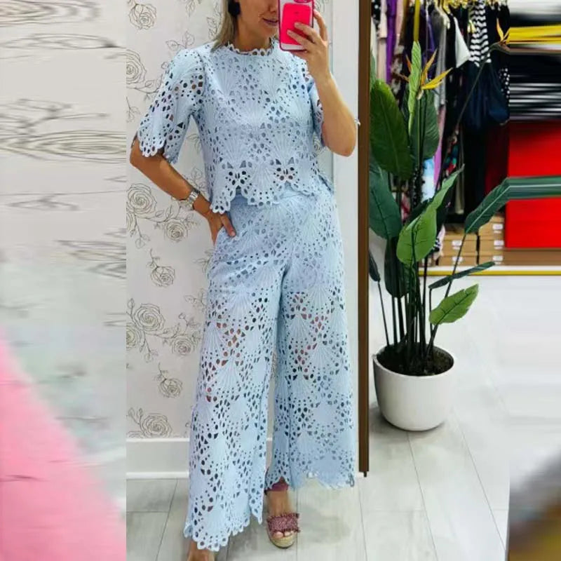Women's Elegant Lace Embroidery Hollow-Out Two-Piece Set — Short Sleeve Top & Wide-Leg Pants