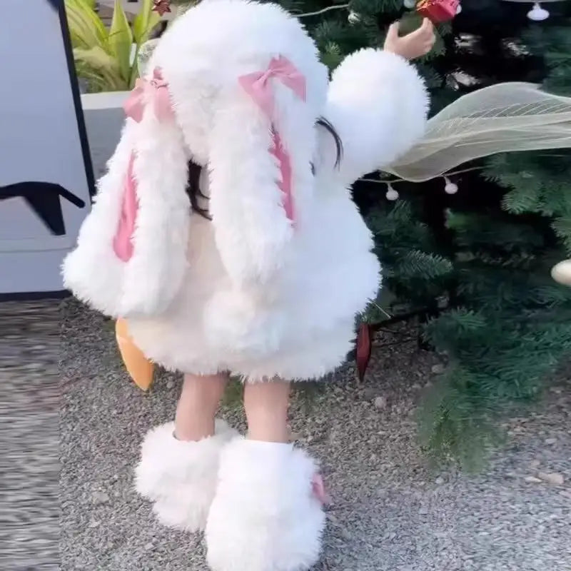Cartoon Children Plush Rabbit Cosplay Costume Kawaii Kids Winter Warm Sets Top Pants Hat Suit Girl Halloween Party Outfits Gift