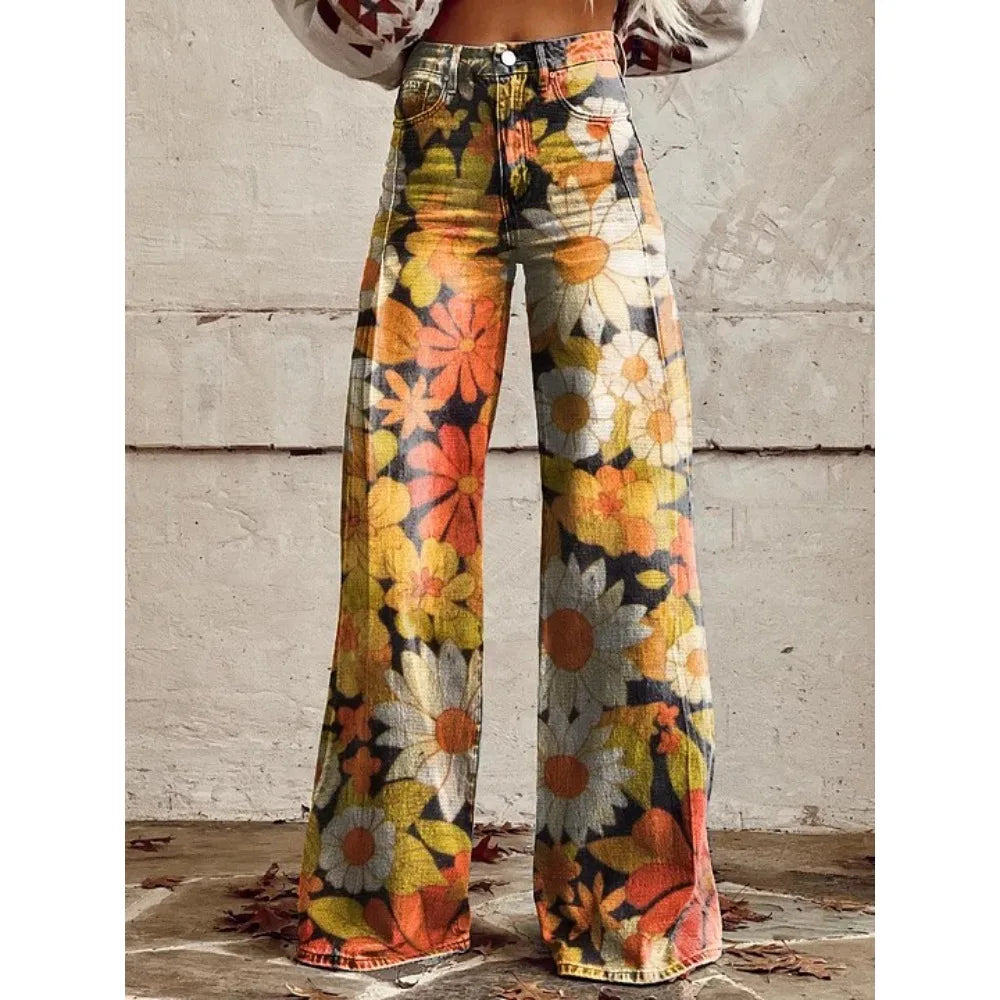 Women's Boho Floral High Waist Wide Leg Pants — Vintage Y2K Loose Trousers