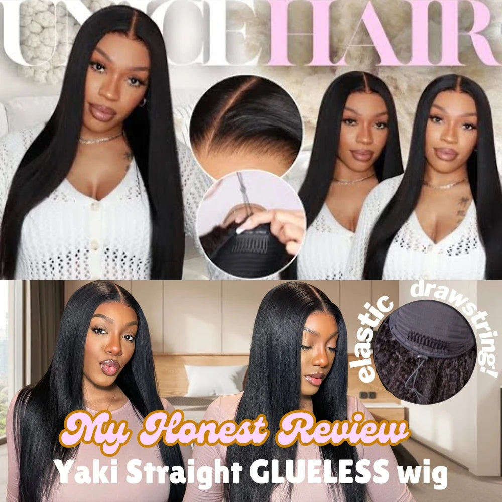No-Slip 7x5 Lace Yaki Straight Wig With Drawstring 100% Human Hair Glueless Wigs Pre Cut Pre Bleached Wig for Beginners