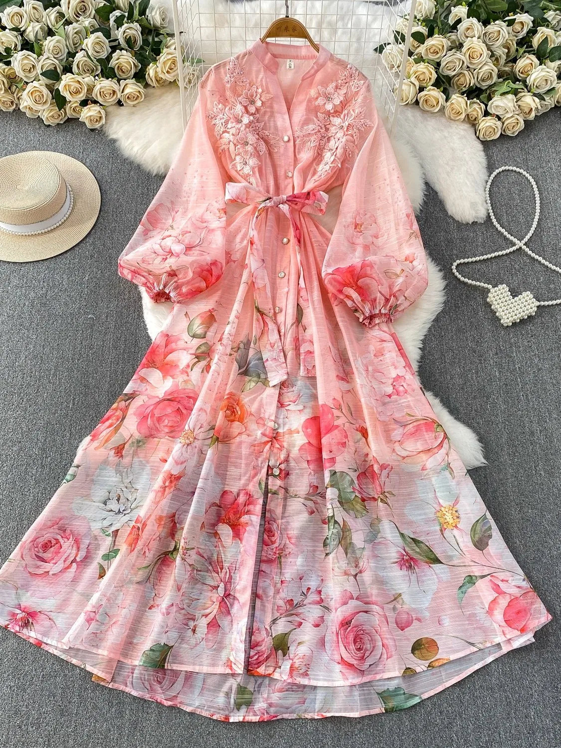 Elegant French Style round Neck Long Sleeve Dress Women's Spring Autumn Heavy Work Floral Embroidery A-Line Skirt Dress