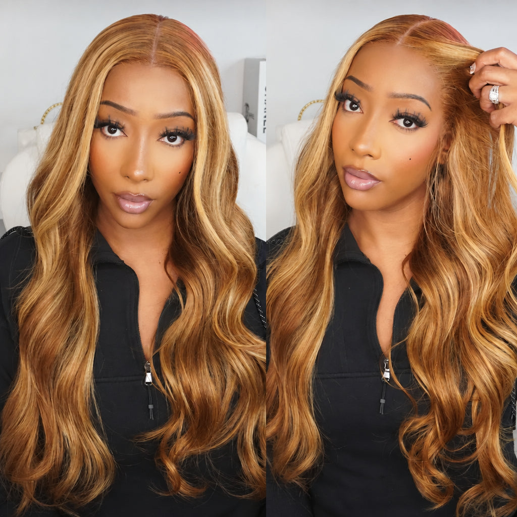 Blonde Highlights Body Wave Lace Wig with Drawstring