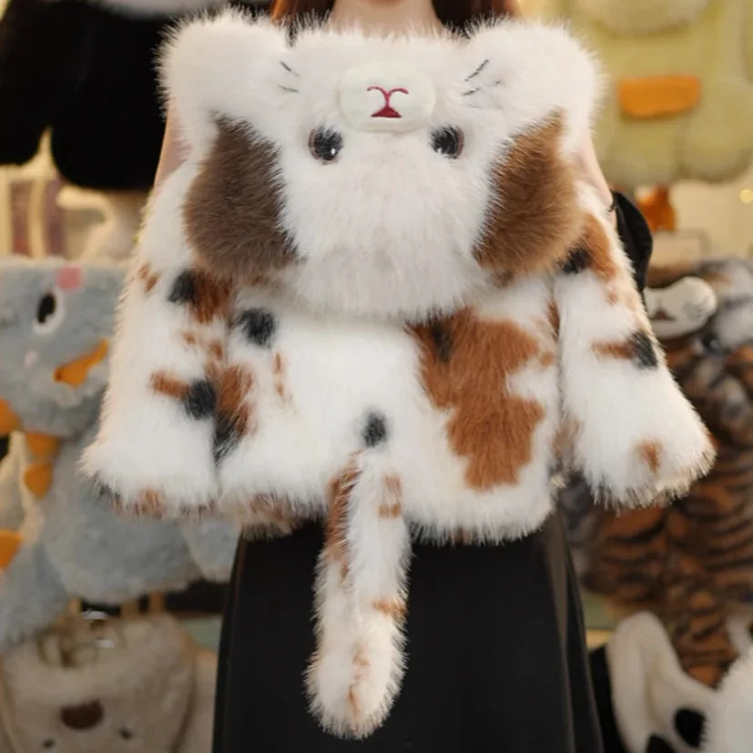 Thickened Winter Jacket For Girls Cute Cat Cartoon Faux Fur Coat Autumn Winter Hooded Outerwear Windproof Children Clothing