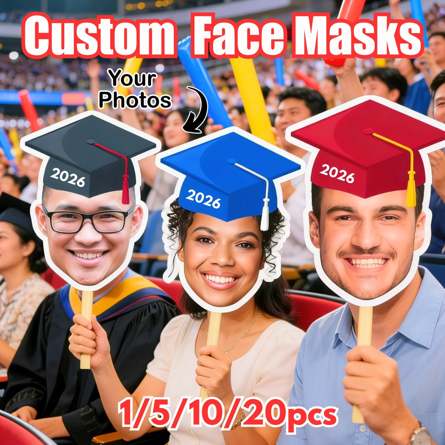 Personalized Photo Face Masks – Funny Fan Face Cutout Head on a Stick | Birthday Party Decorations